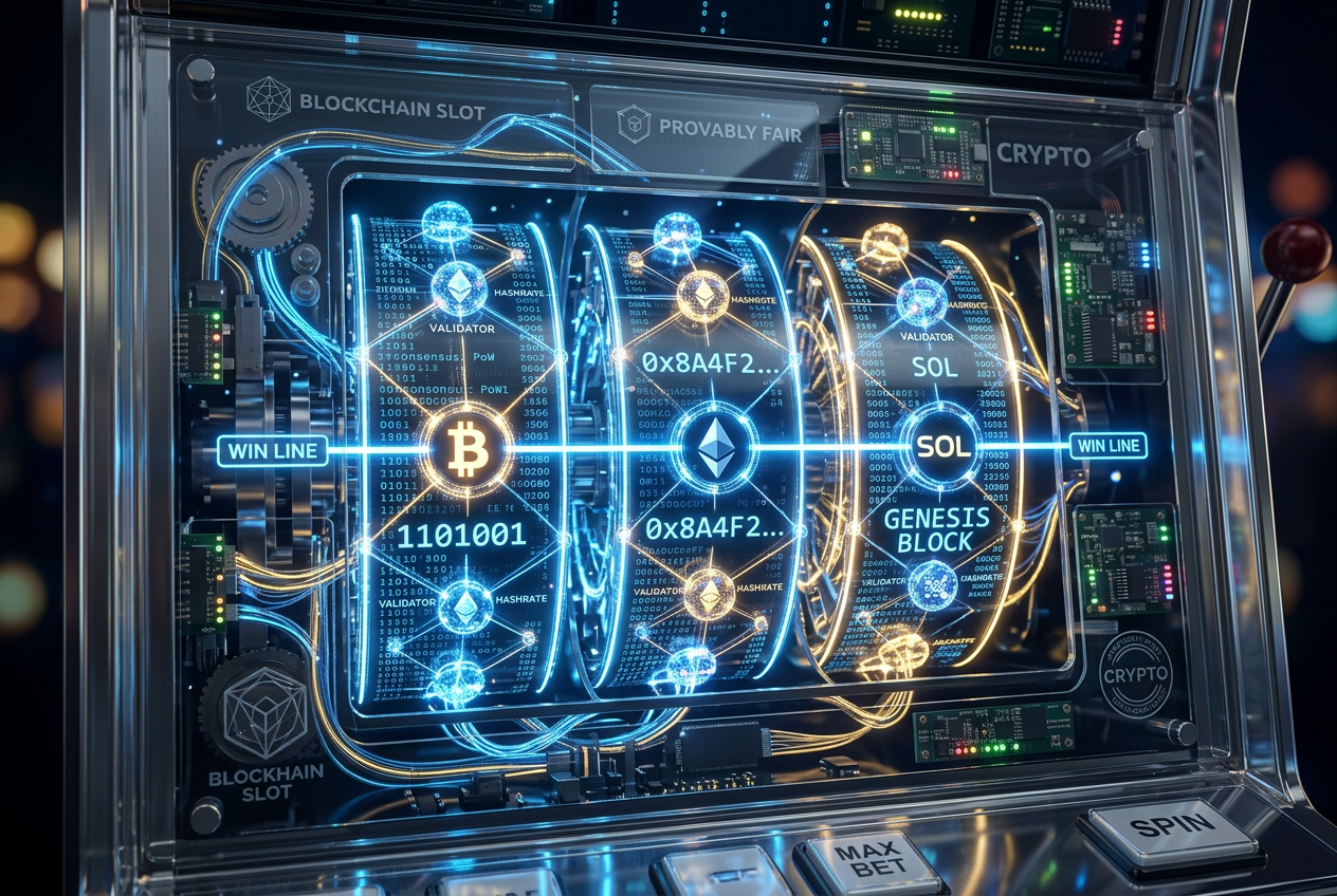 Mechanizm działania slotu opartego na technologii blockchain z widocznymi węzłami cyfrowymi