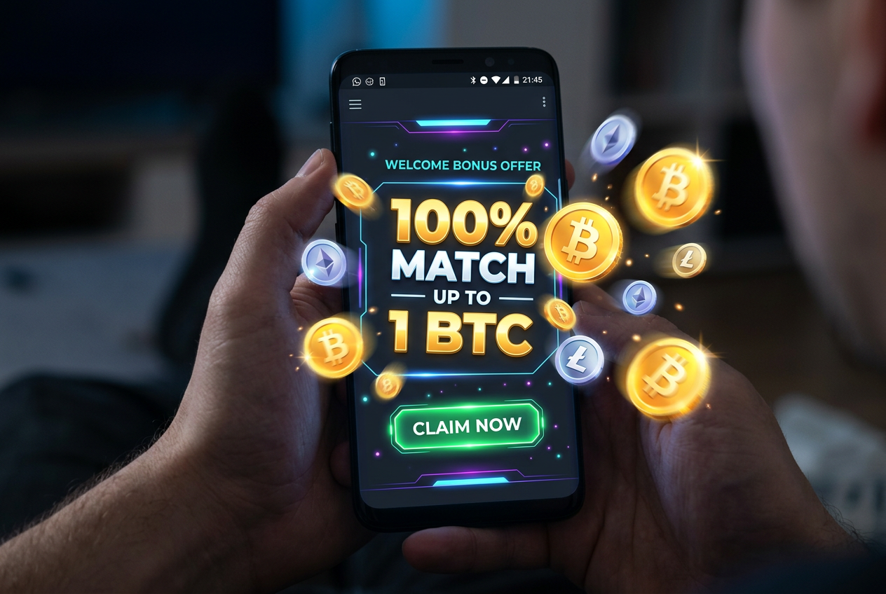 Smartfon wyświetlający ofertę bonusową 1 BTC w kasynie kryptowalutowym
