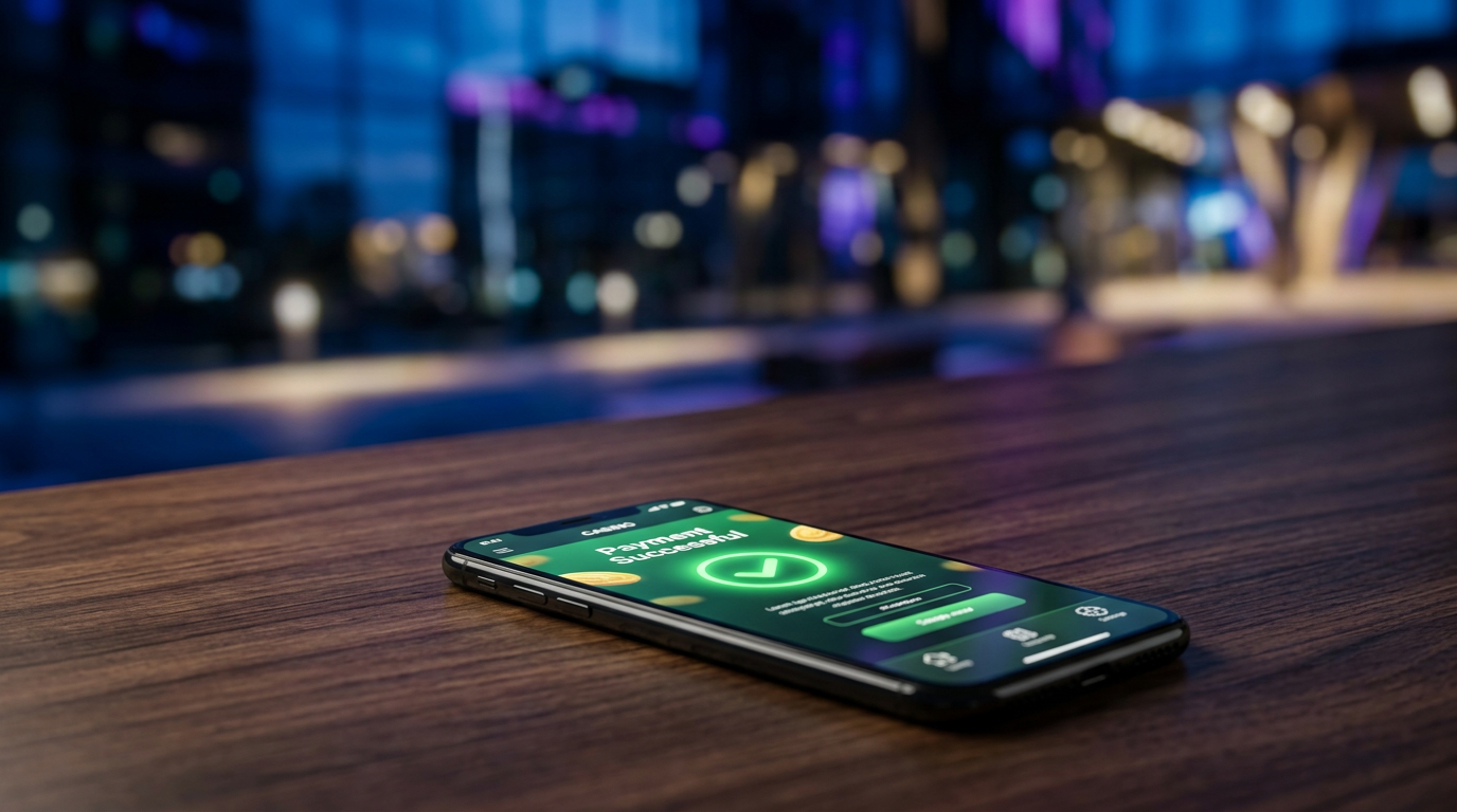 Smartfon wyświetlający potwierdzenie depozytu SMS w kasynie online na eleganckim tle