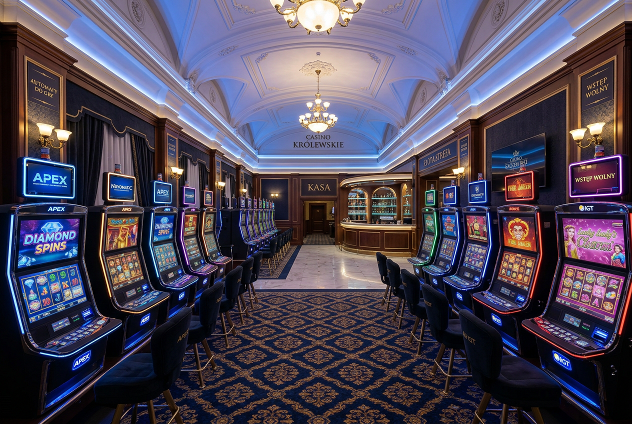 Interior of a modern legal slot machine parlor in Poland with high-tech gaming terminals and ambient lighting